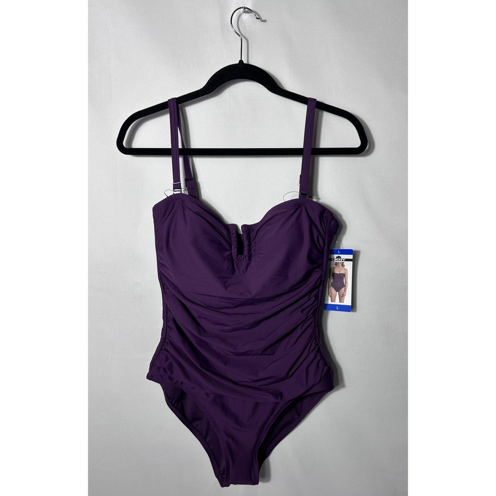 DKNY One Piece Swimsuit Womens L Purple Bandeau Ruched Convertible Straps